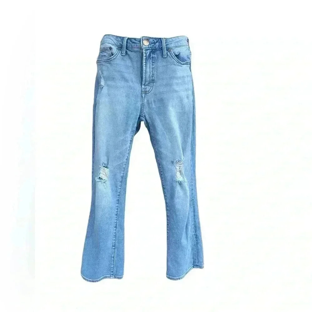 Seven7 women’s light wash distressed straight leg denim jeans sz 4 98% cotton